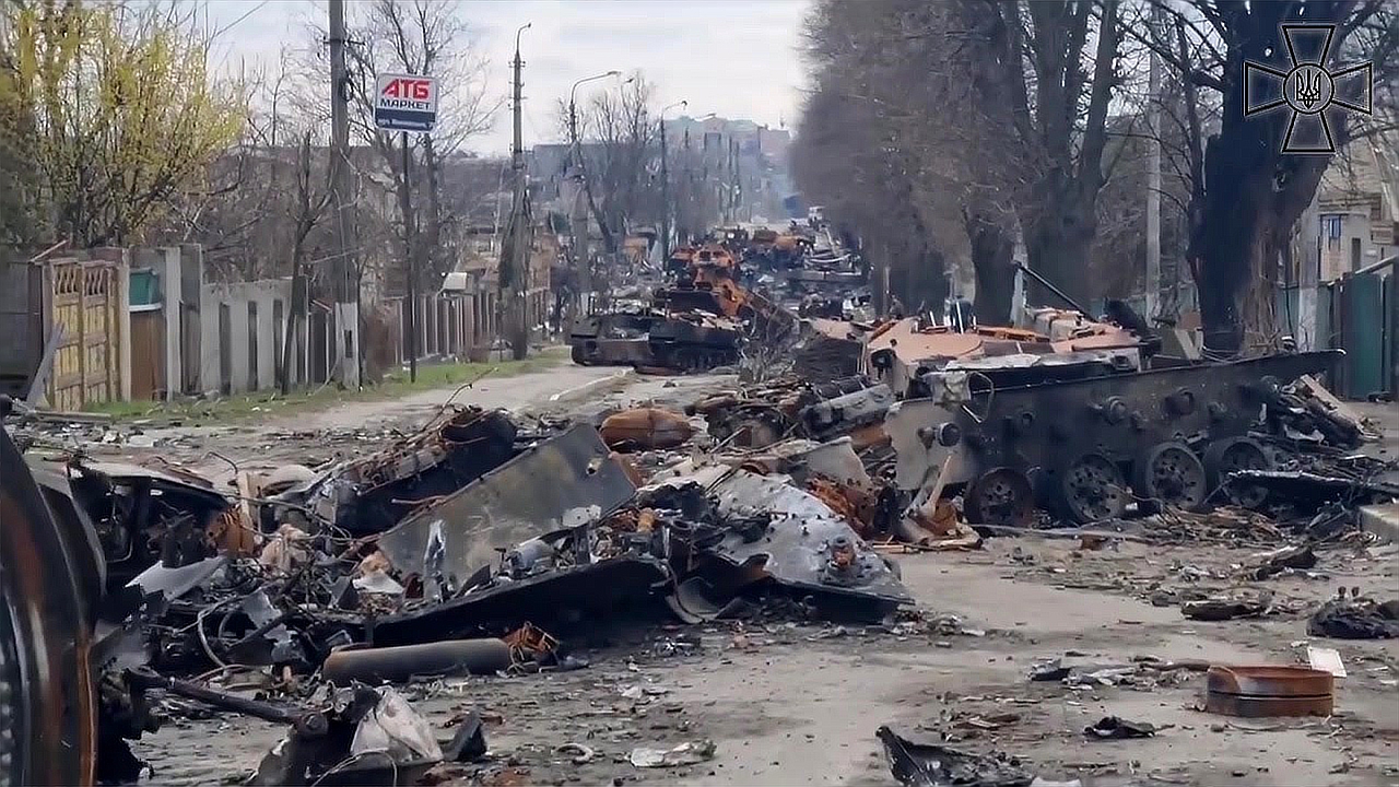 Street in Bucha with destroyed Russian vehicles. Photo credit: Ukrainian Armed Forces