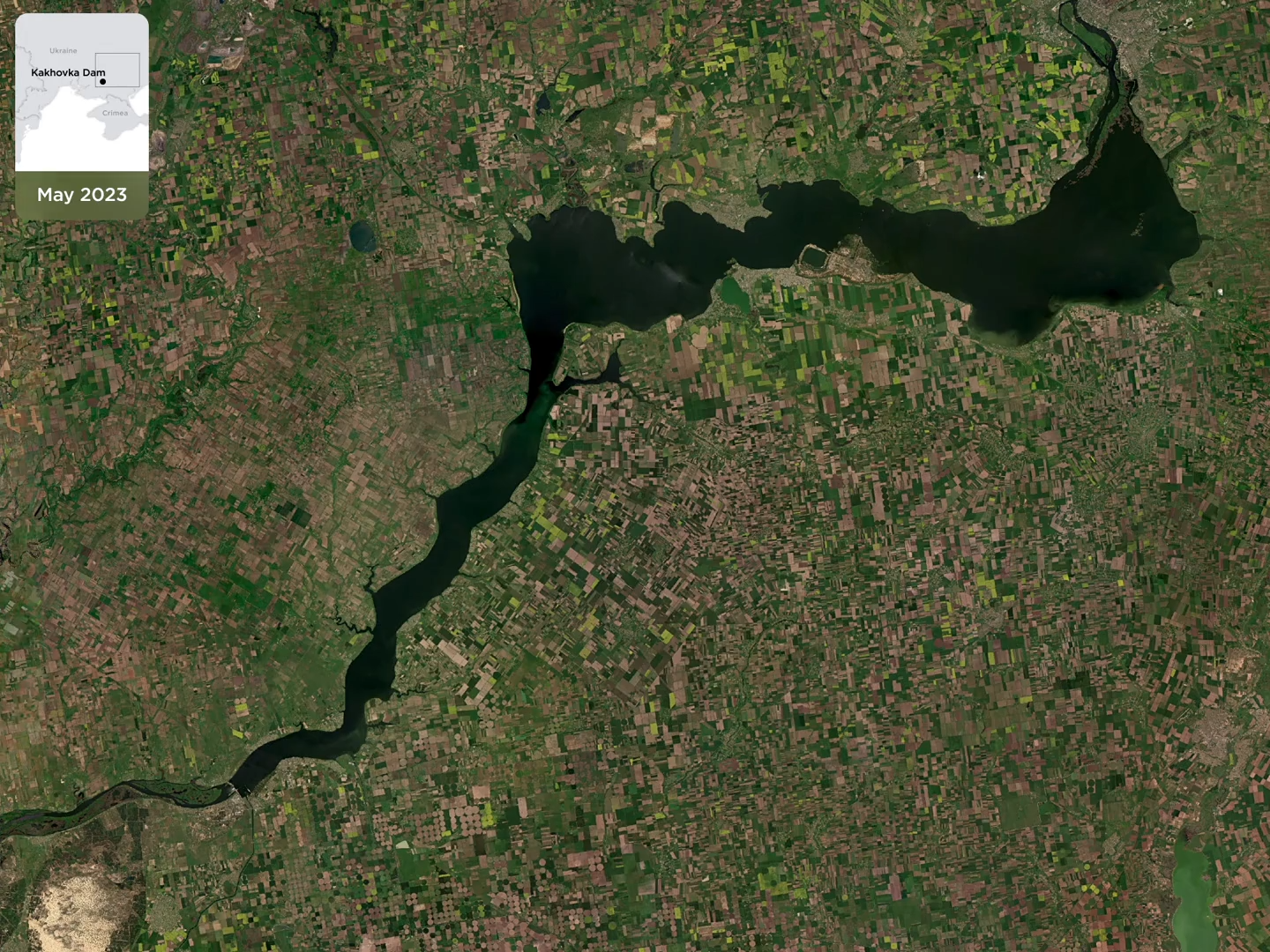 Images from May to July 2023 provide insights into the broader and potential downstream consequences of the destruction of the Kakhovka Dam by Russia. May 2023. Photo credit: Planet Labs PBC