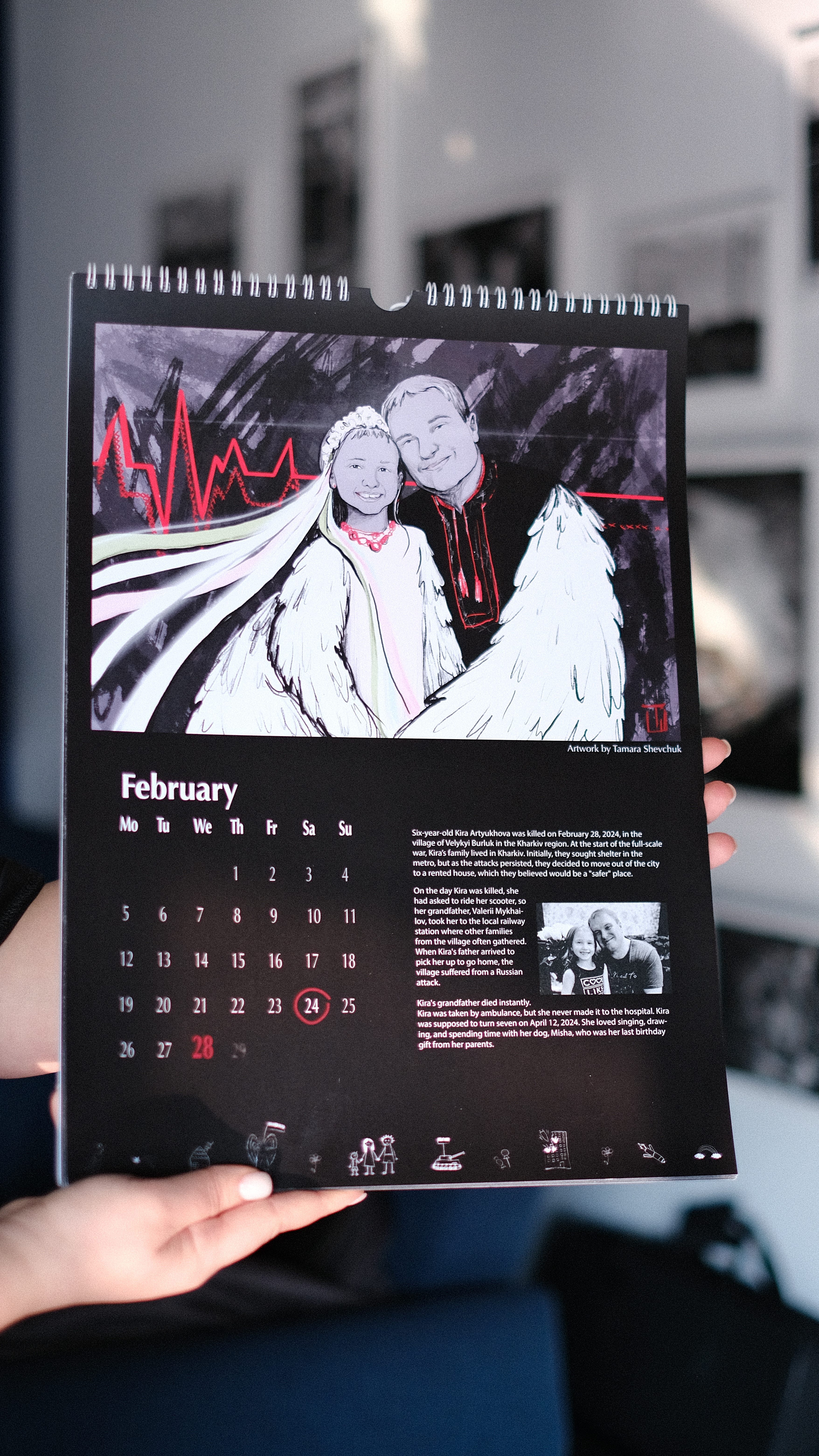 A memorial calendar dedicated to children killed by Russia, created for the third anniversary of the full-scale invasion. Produced by Amnesty International’s Ukrainian office in collaboration with the Memorial remembrance platform, it became an important tool for reminding people of the tragedies Ukrainians endured over another year of war. Photo by Memorial.ua.