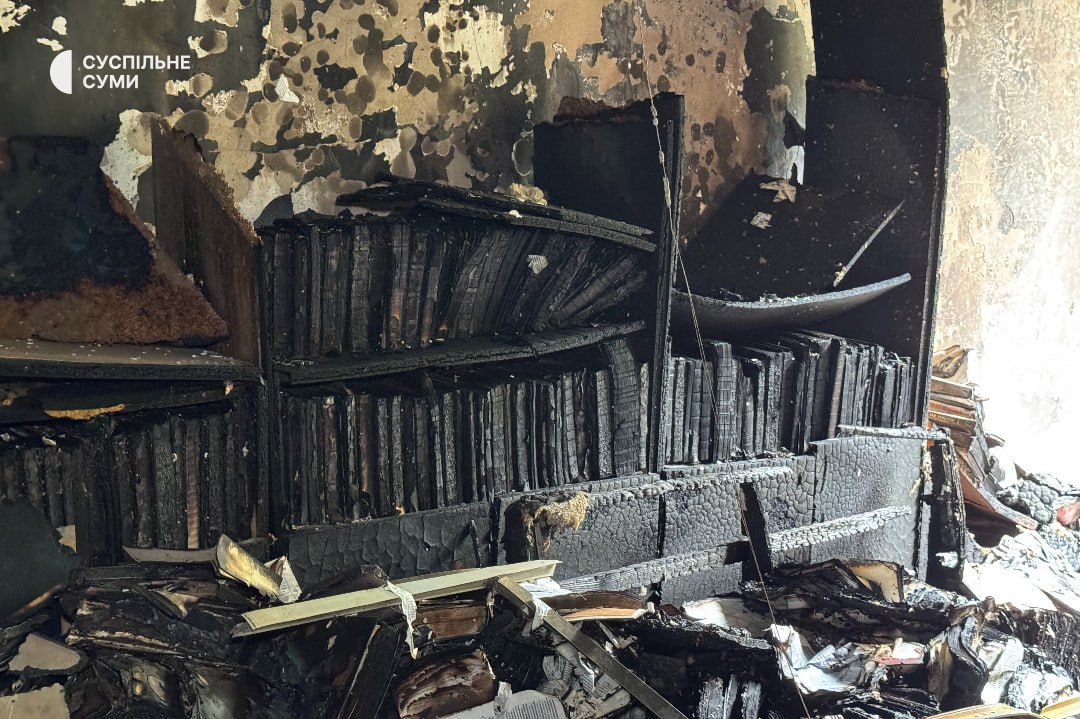 The aftermath of a Russian attack on the library of Sumy State University. Photo credit: Suspilne Sumy