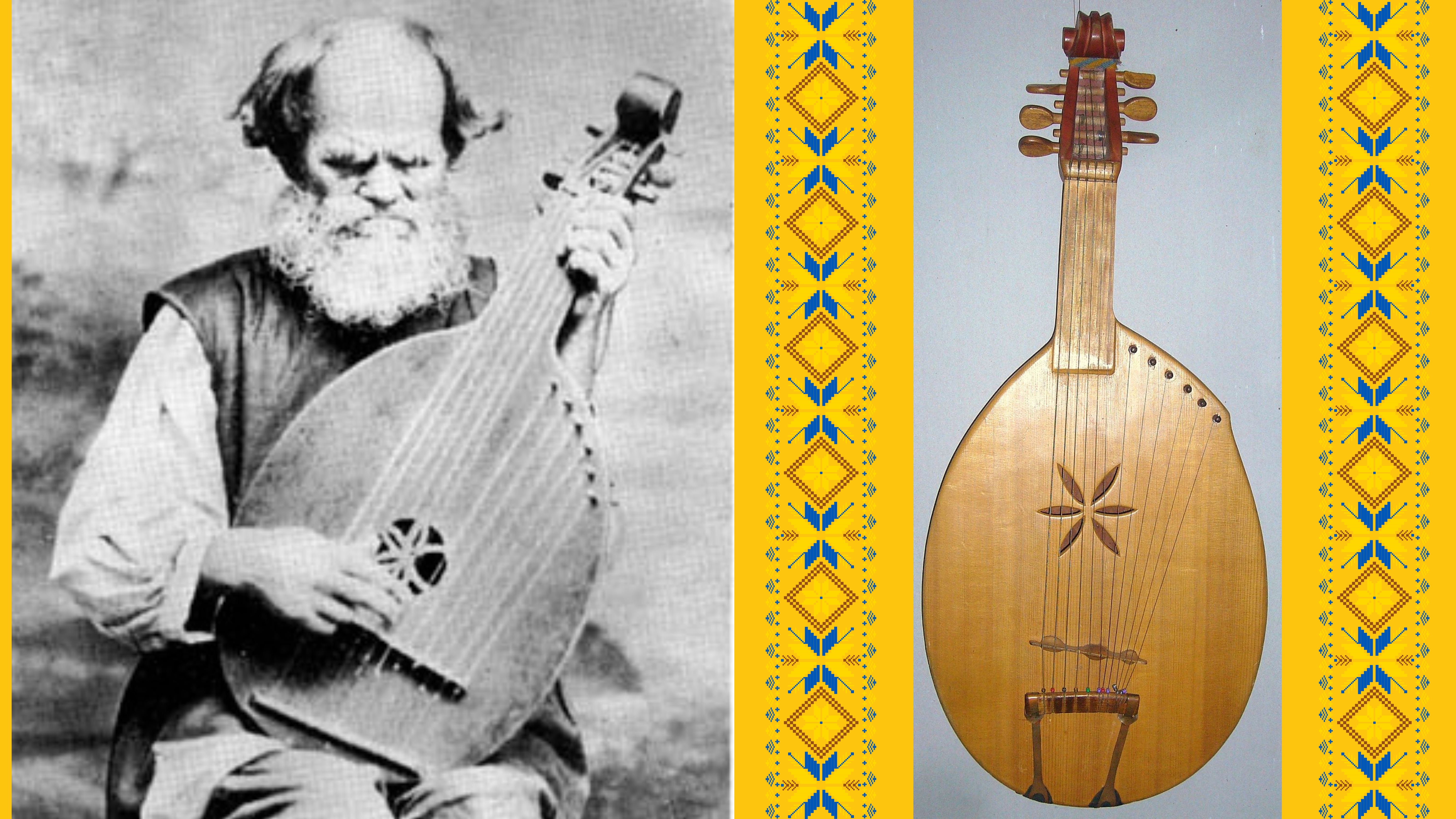 Ukrainian kobzar Ostap Veresai and his kobza/Wikipedia